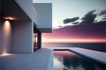 Wonderful residential villa. Modern architecture with swimming pool and sea view. Generative AI illustration