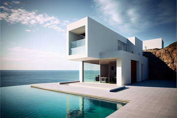 Fototapeta na wymiar Wonderful residential villa. Modern architecture with swimming pool and sea view. Generative AI illustration