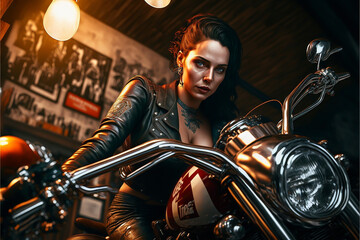 Plakat Realistic Beautiful Biker Woman is sitting on a Motorcycle - Generative AI illustrations