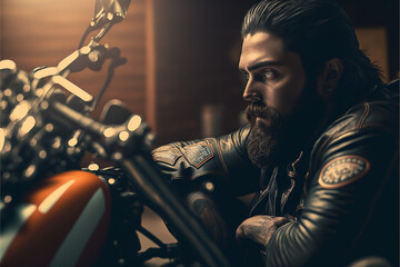 Realistic Man with a Goatee sitting on a Motorcycle- Generative AI illustrations