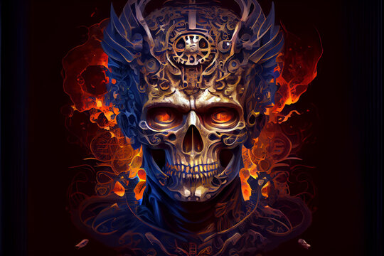 A steampunk skull face portrait with helmet and fire. Digital art style. Generative AI illustration