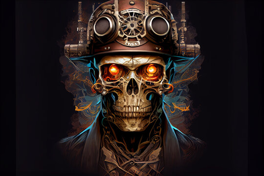 Scary steampunk skull face portrait with helmet. Digital art style. Generative AI illustration