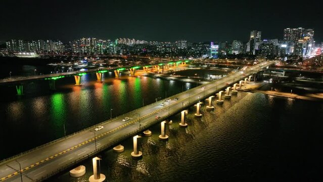 Seoul Han River, 서울한강 천호대교와 올림픽대교 야간드론촬영(night drone photography)