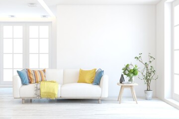 White living room with sofa. Scandinavian interior design. 3D illustration