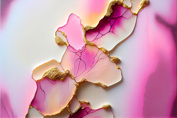 Alcohol ink painting with pink color. Pastel tones with golden cracks background isolated on white. Generative ai illustration