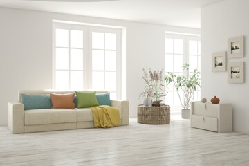 White living room with sofa. Scandinavian interior design. 3D illustration