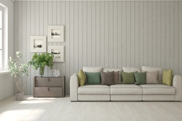 White living room with sofa. Scandinavian interior design. 3D illustration