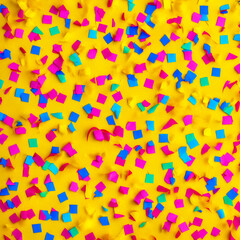 Carnival confetti on a yellow background, yellow background with carnival confetti, carnival confetti. AI. Generativa. Generative AI