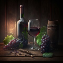 Red Wine and Grapes on Rustic Table (generative AI)