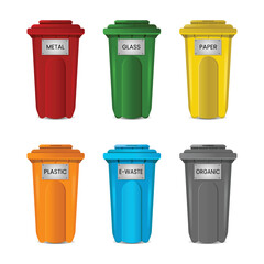 cute set of icons with the concept of Plastic containers for different types of waste and waste management.
horizontal banner vector illustration on a white background.