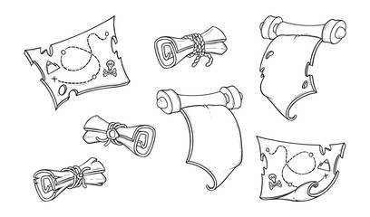Ancient scrolls and tresure maps. Torn paper scrolls for games. Vector illustration isolated in white background