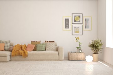 White living room with sofa. Scandinavian interior design. 3D illustration