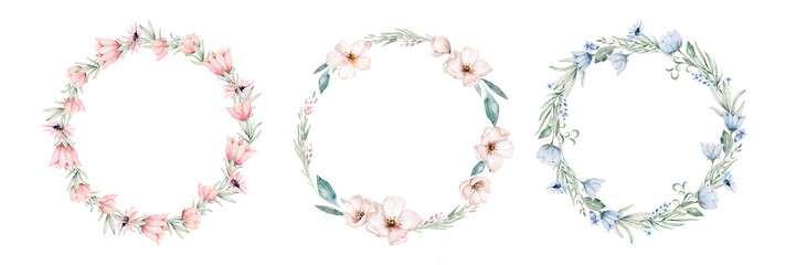 Cute wreath bouquet with green branches, ranunculus, wild flower Berry and leaf illustration in vintage watercolor style