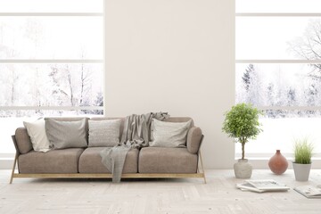 White living room with sofa and winter landscape in window. Scandinavian interior design. 3D illustration
