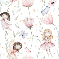 Fairy and Flowers watercolor seamless girls nursery pattern. Cartoon pink magic girl baby background. Faitytale textile art
