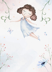 Fairy and Flowers watercolor isolated kids illustration for girls. Cartoon pink magic girl baby shower poster. Happy Birthday kid card
