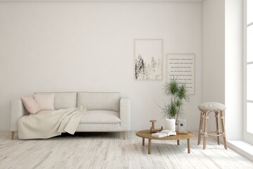 White living room with sofa. Scandinavian interior design. 3D illustration