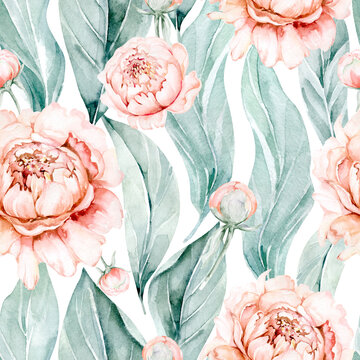 Seamless floral pattern with peonis watercolor.