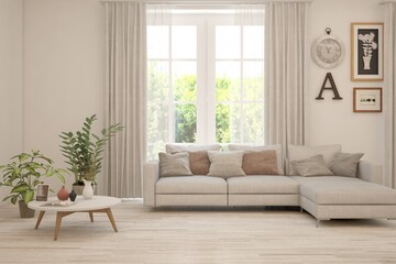 White living room with sofa and summer landscape in window. Scandinavian interior design. 3D illustration