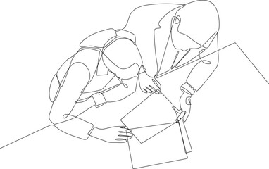 Continuous one line drawing businesswoman sitting and consulting with young professional man at office. Business consulting concept. Single line draw design vector graphic illustration.