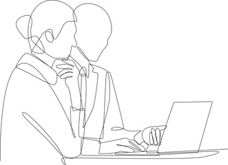 Continuous one line drawing businesswoman sitting and consulting with young professional man at office. Business consulting concept. Single line draw design vector graphic illustration. - obrazy, fototapety, plakaty