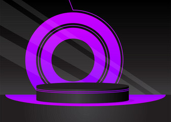 Black Purple Mockup product display. Abstract vector 3D room, cylinder pedestal podium. Stage showcase for presentation. Futuristic Sci-fi minimal geometric forms, empty scene.
