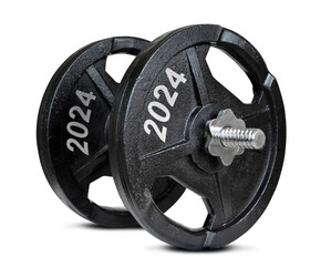 Obraz na płótnie Canvas 2024 written on the metal disc of dumbbell isolated on transparent background, PNG. Resolutions for the New Year.