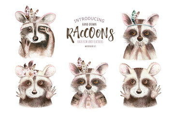 Watercolor boho floral isolated raccoon with feather. bohemian natural background: leaves, feathers, flowers, Artistic decoration illustration. Save the date, weddign design, nursery illustration © kris_art