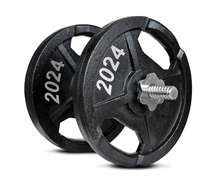 2024 written on the metal disc of dumbbell isolated on transparent background, PNG. Resolutions for the New Year.