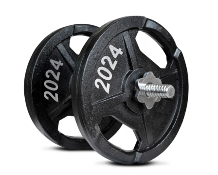 2024 written on the metal disc of dumbbell isolated on transparent background, PNG. Resolutions for the New Year.