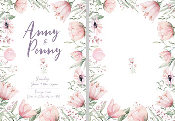 wedding birthday invitation card background with flower and botanical leaves, Watercolor. abstract art background design cover template. Save the date, baby shower