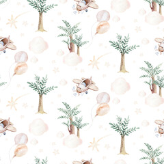 Watercolor airplane kid seamless pattern. Watercolor toy background baby cartoon cute pilot hippopotamus, zebra with hippo, lion aviation sky transport airplanes, clouds. © kris_art