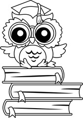 a vector of a cute owl on top of books in black and white coloring