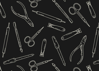 seamless doodle pattern with manicure and pedicure tools, white lines on a black background, advertising poster, background for a beauty salon