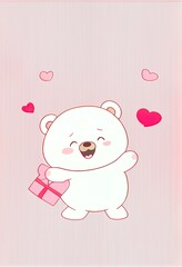 Cute Valentine Bear Holding Gift in a Sea of Hearts