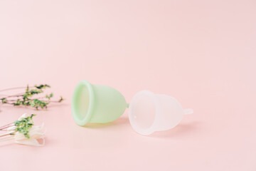 Obraz na płótnie Canvas Green and white menstrual cup on a pink background next to dry plants.
