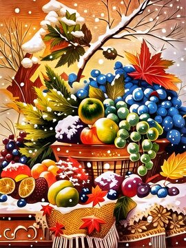 Background with fruits and vegetables. Painting of fruits and flowers in baskets. Beautiful picture of Fruit landscape in winter.