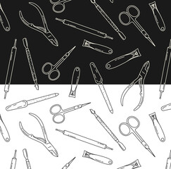 seamless doodle pattern with manicure and pedicure tools, lines on a black and white background, advertising poster, background for a beauty salon