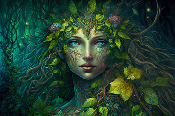 Beautiful dryad goddess in forest. Dryad goddess merging with a magical forest.  Post-processed generative AI	 - obrazy, fototapety, plakaty