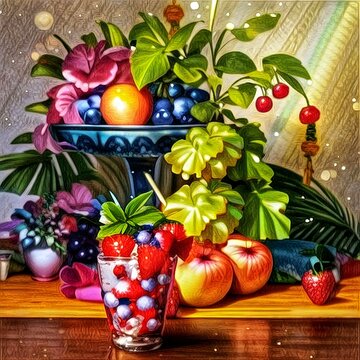 still life with fruits and berries. Yummy Fruits Collection Painting. Beautiful picture of fruits and flowers.

