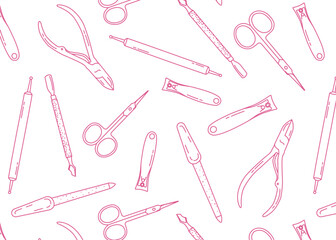 seamless doodle pattern with manicure and pedicure tools, pink lines on a white background, advertising poster, background for a beauty salon