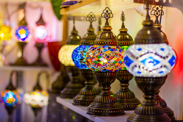 Fototapeta na wymiar Traditional Turkish mosaic lamps close ups Istanbul market