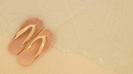 Fototapeta na wymiar Flat beach flip flops on the background of yellow sand and sea waves. Beach holiday concept. Banner to insert text, design.