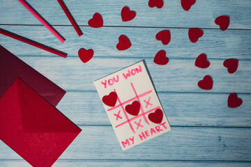 Valentines Day. Instructions for making valentine cards. Text YOU WON MY HEART and tic tac toe game...