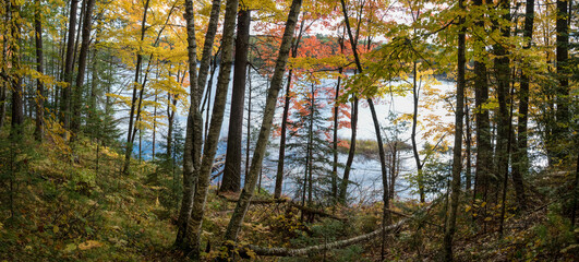 A view through the autumn woods of a pristine Northwoods lake.  Vilas County, WI.