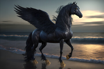 Fototapeta premium Breathtaking black Pegasus with star glittering wings comes out of the sea to the beach