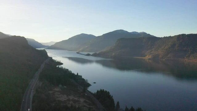 Columbia Gorge and Mitchell Point, looking West, just West of Hood River, Aerial Pan