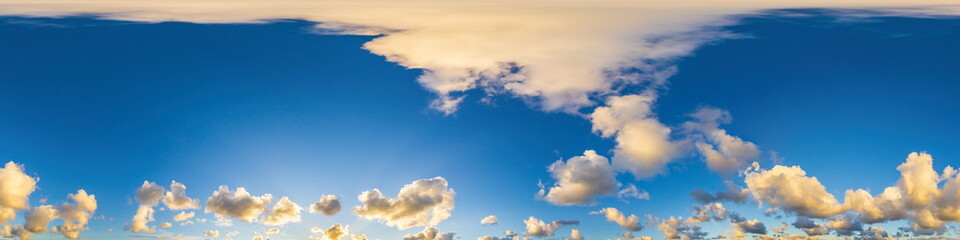Dark blue sunset sky panorama with Cumulus clouds. Seamless hdr pano in spherical equirectangular format. Complete zenith for 3D visualization, game and sky replacement for aerial drone 360 panoramas.