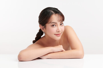 Beautiful young asian woman with clean fresh skin on white background, Face care, Facial treatment, Cosmetology, beauty and spa, Asian women portrait.
