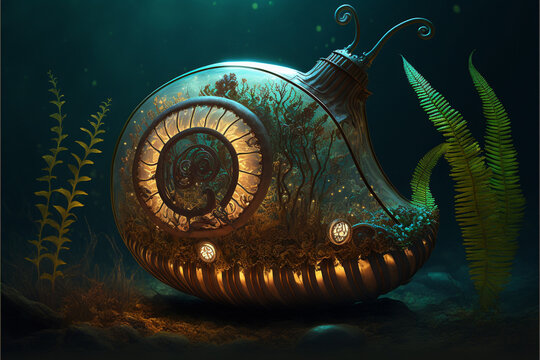 Steampunk Nautilus Under Water with Lights coming from inside ~ Created with Generative AI